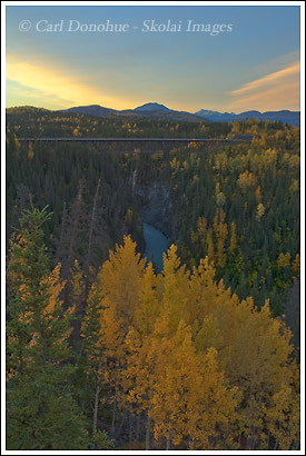Fall colors on the Kuskulana Bridge, McCarthy Rd, Wrangell - St. Elias National Park, Alaska.