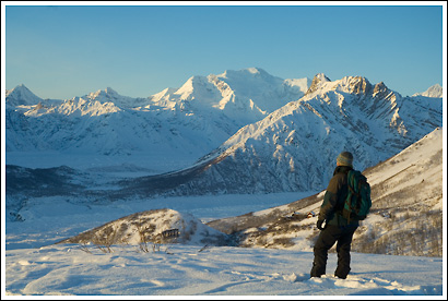 Winter hiking, Wrangell St. Elias National Park, Alaska.