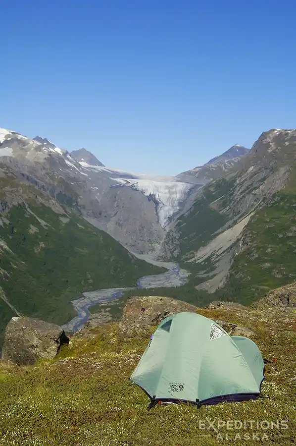 A backpacking campsite on the Southern Traverse backpacking trip, Wrangell St. Elias National Park, Alaska.