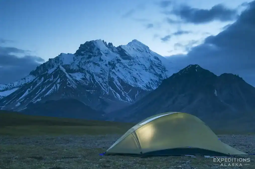 Backpacking campsite on the Sanford Plateau, Wrangell-St. Elias National Park and Preserve, Alaska. Mt Drum towering behind.