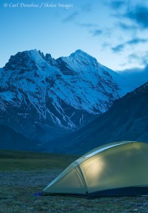 Backpacking campsite on the Sanford Plateau, Wrangell-St. Elias National Park and Preserve, Alaska. Mt Drum towering behind.