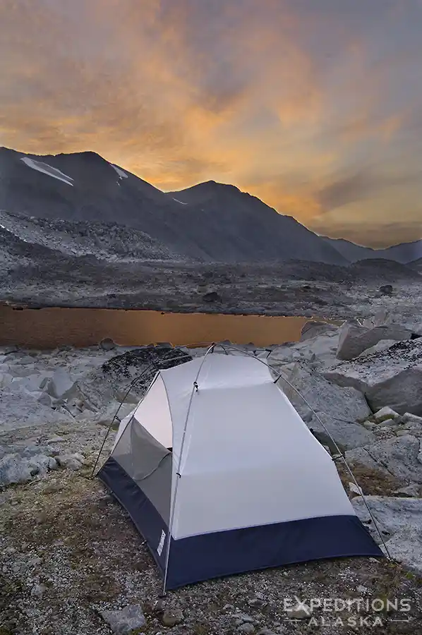 Sunset over a tarn, Wrangell-St. Elias National Park, Alaska.