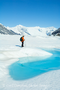 Backcountry skiing on the Root Glacier, Wrangell St. Elias National Park, Alaska.