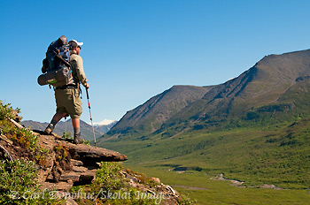 A hiker takes in the view in the Chugach Mountains, Iceberg Lake to Bremner Mines or Seven Pass route, Wrangell-St. Elias National Park and Preserve, Alaska.