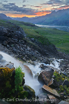 Waterfall and sunset, Wrangell-St. Elias National Park and Preserve, Alaska.