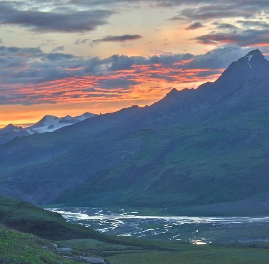 Sunset over Skolai Pass Wrangell-St. Elias National Park Alaska.