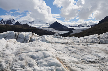 Hiker on Russell Glacier, Wrangell-St. Elias National Park and Preserve, Alaska.