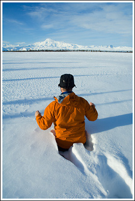 Barefoot in the snow, winter, Wrangell-St. Elias National Park, Alaska.