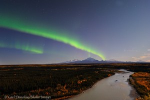 Northern lights, over the Copper River, and Mount Sanford, Mount Drum and Mount Wrangell, Wrangell-St. Elias National Park and Preserve, Alaska.