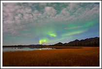 Northern lights over the Mentasta Mountains, tundra, boreal forest and a small kettle pond on a moonlit night. Wrangell-St. Elias National Park and Preserve, Alaska.