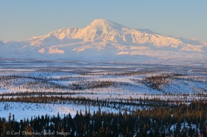 Mount Sanford and the Copper River Basin, seen from the Mentasta Mountains, winter, boreal forest, Wrangell-St. Elias National Park, Alaska.