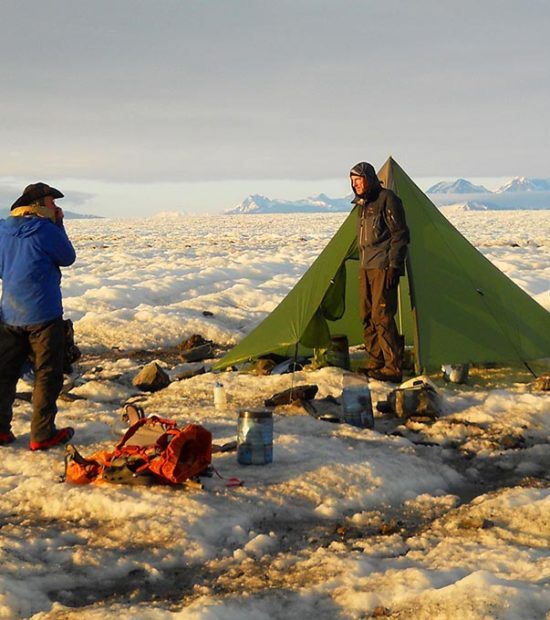 Backpacking trip Malaspina Glacier camping on ice, Wrangell-St. Elias National Park, Alaska.