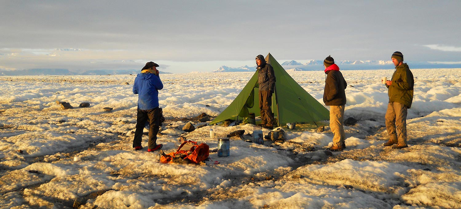 Backpacking trip Malaspina Glacier camping on ice, Wrangell-St. Elias National Park, Alaska.