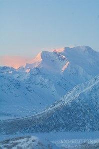 Mt. Blackburn, the Root and Kennicott Glacier, wintertime, sunset, Wrangell - St. Elias National Park, Alaska.