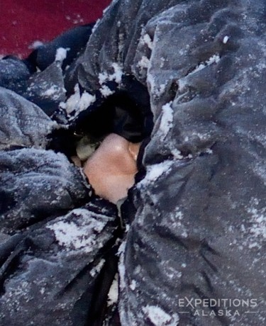 Crop of face from winter camping Alaska.