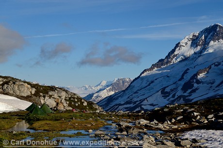 Campsite in eastern Chugach mountains, near Iceberg Lake, Wrangell-St. Elias National Park, Alaska. 