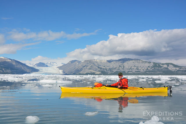 Icy Bay Alaska sea kayaking trips Sea kayaker in icy Bay on the icy Bay Sea kayaking trip, in Wrangell-St. Elias National Park and Preserve, Alaska. Please click the image above to view a larger version of the photo.