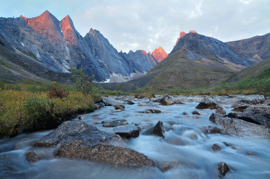 Guided Arrigetch Peaks backpacking trip The Maidens at dawn, Arrigetch Peaks trip, Gates of the Arctic National Park.