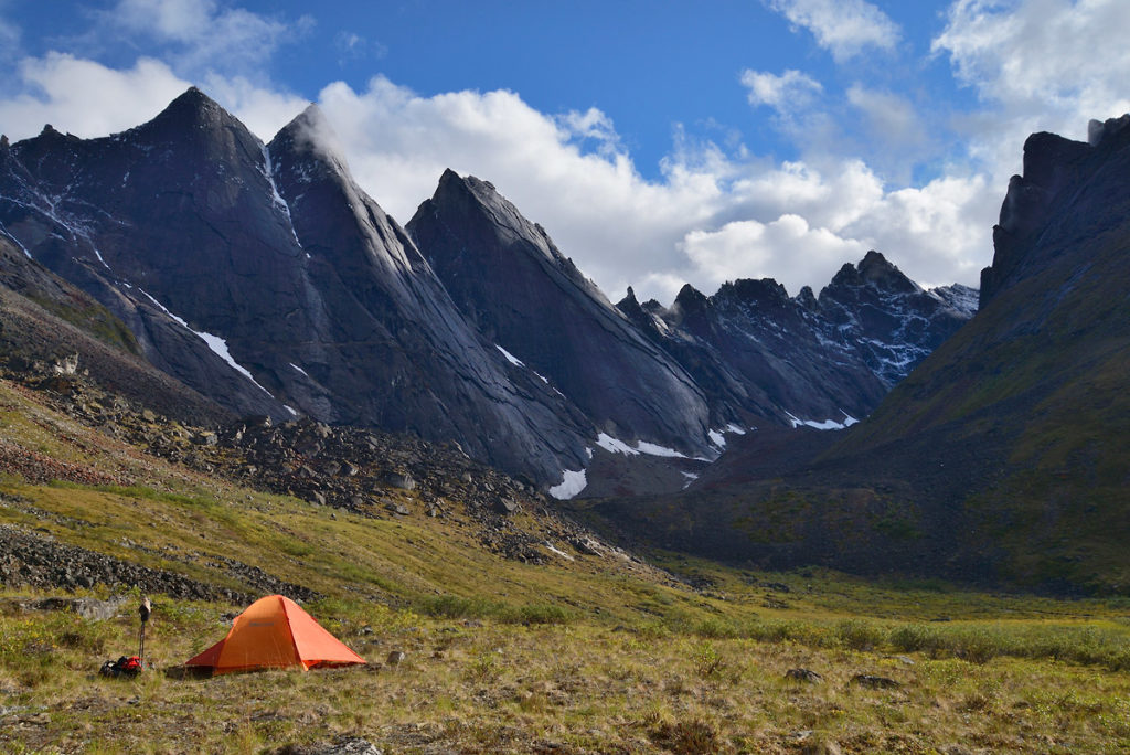 Arrigetch Peaks guides backpacking trip Camped in the subalpine country at Arrigetch Peaks, Gates of the Arctic National Park.