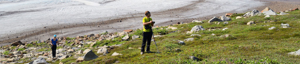 Hikers near glacier, 7 Pass Route, Wrangell-St. Elias National Park, Alaska.