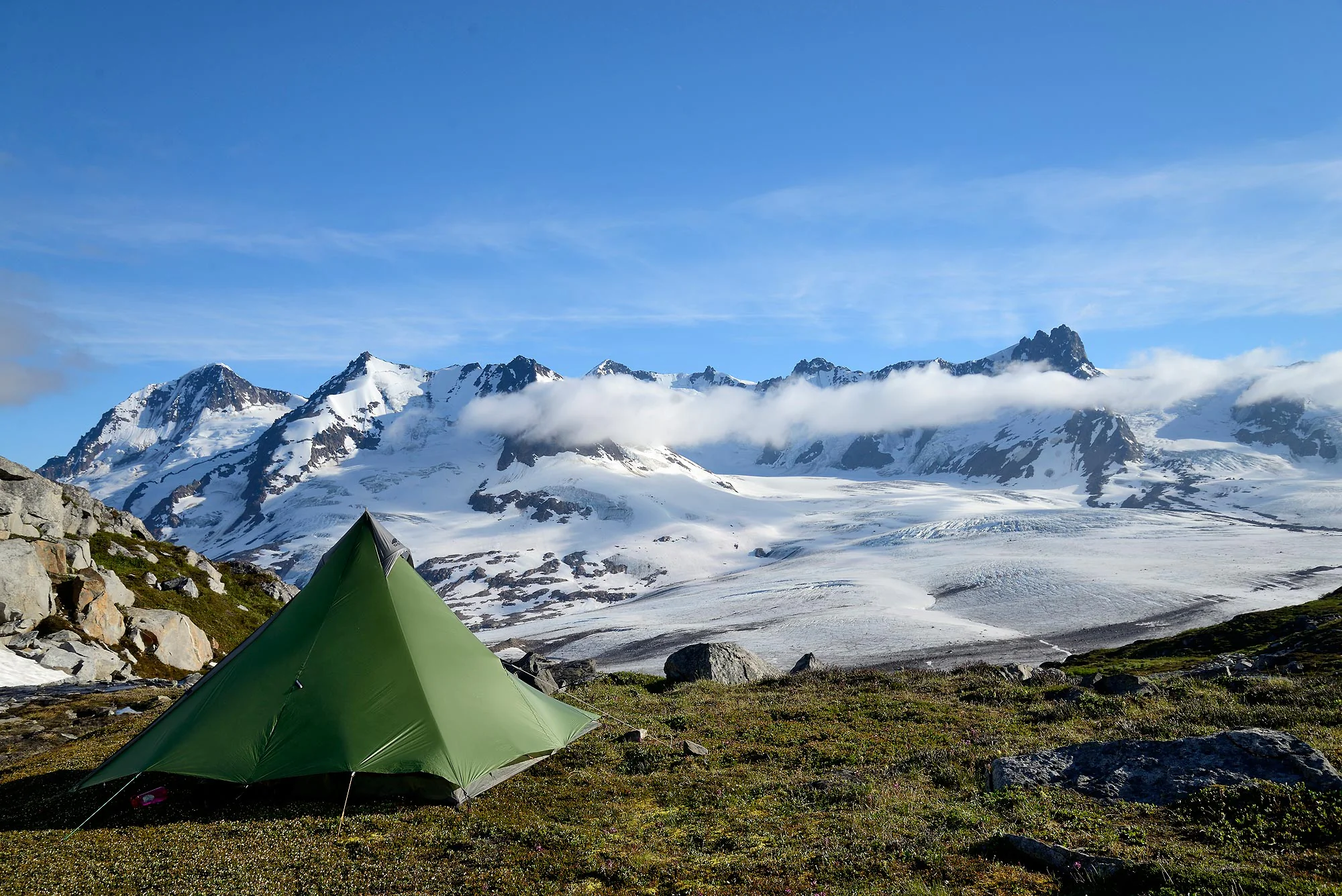 Camped above Iceberg lake, 7 Pass Route, Wrangell-St. Elias National Park, Alaska.