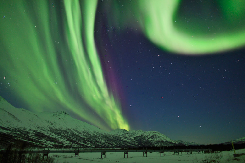 Aurora borealis and the Alaska pipeline.