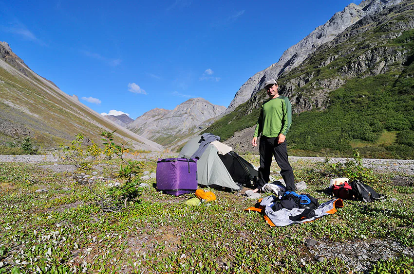 Backpacking gear, camp, Hidden creek, Wrangell St. Elias National Park, Alaska.