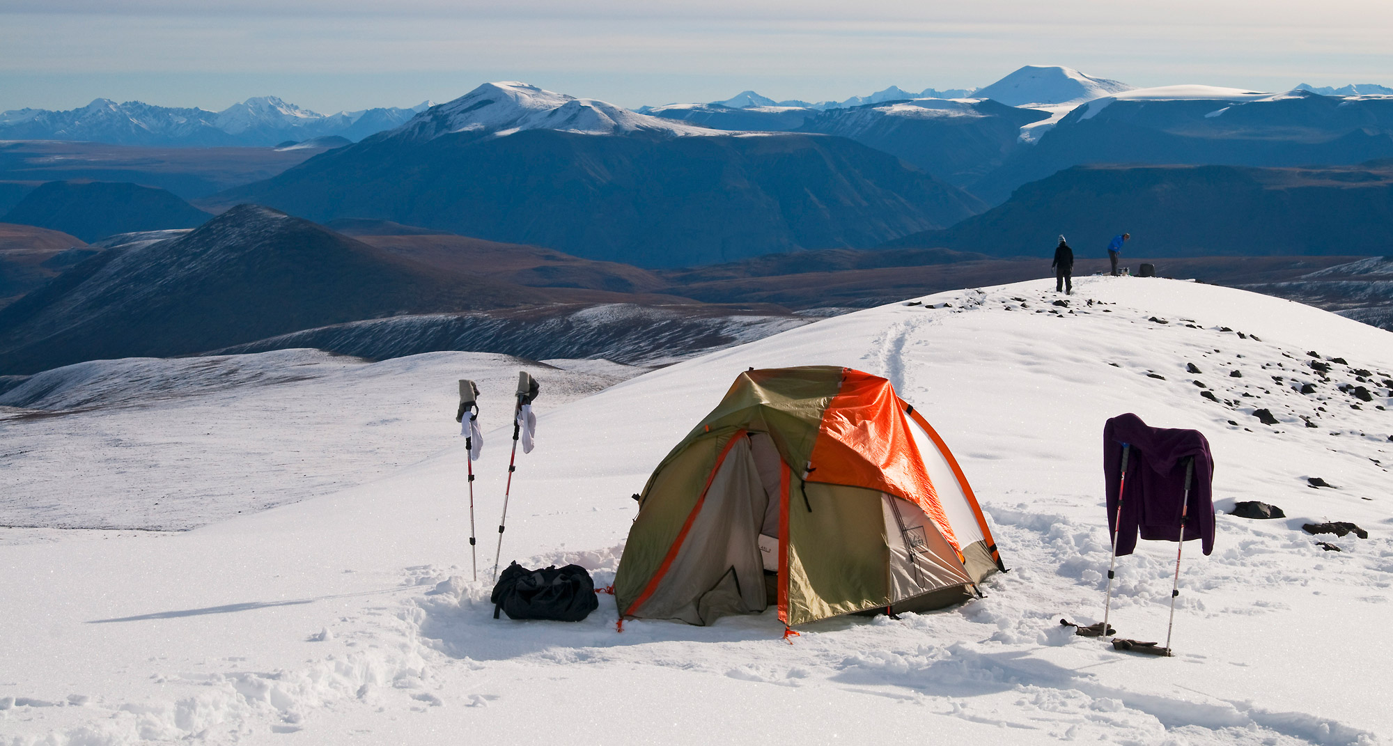 Camping in fresh snow on Jarvis Plateau, Wrangell-St. Elias National Park, Alaska.