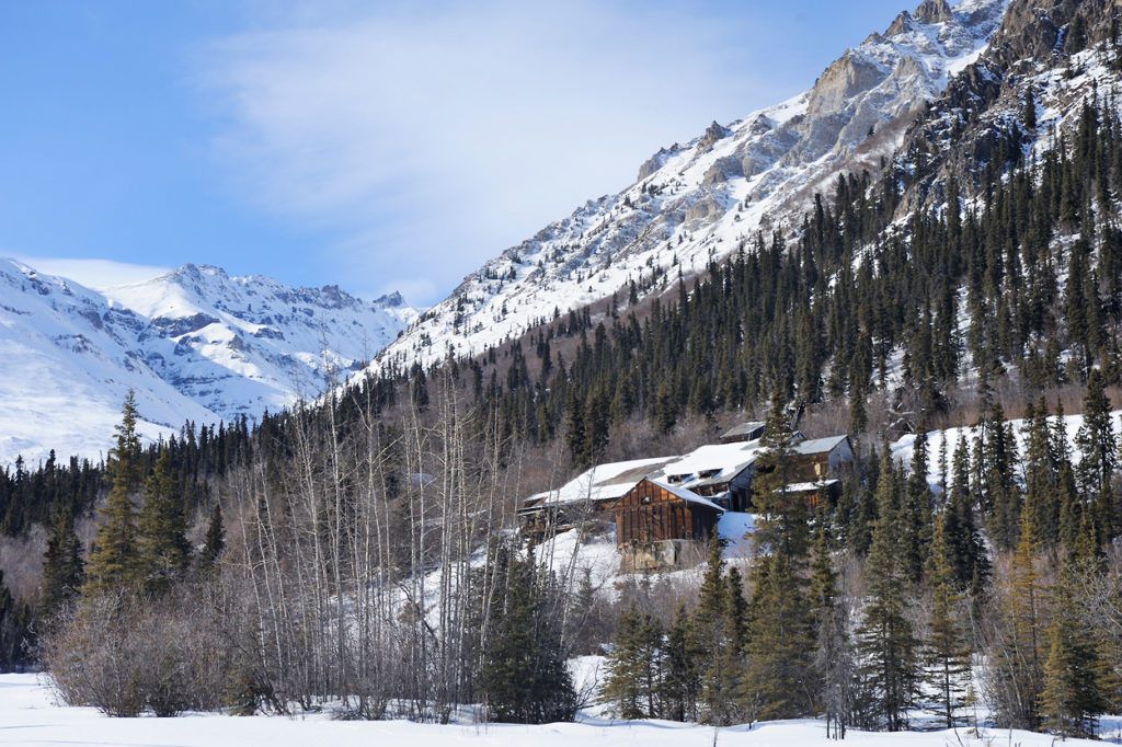 snowshoeing trip Alaska Rambler Mine near Nabeasna, Wrangell-St. Elias National Park, Alaska.