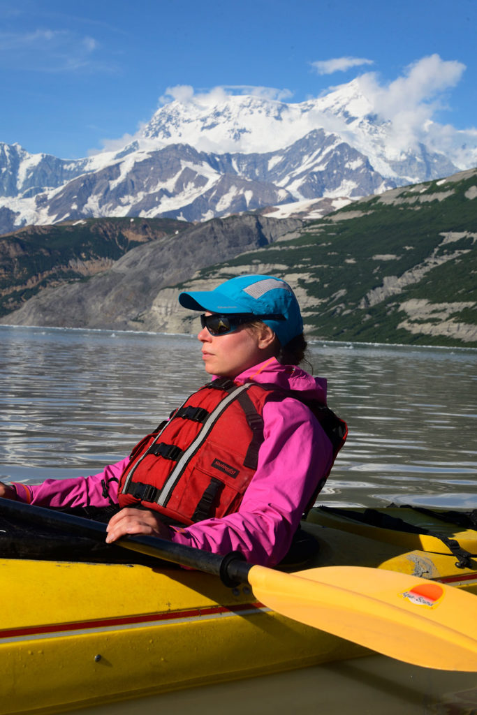 Sea Kayaker in Icy Bay with Mt. St. Elias
