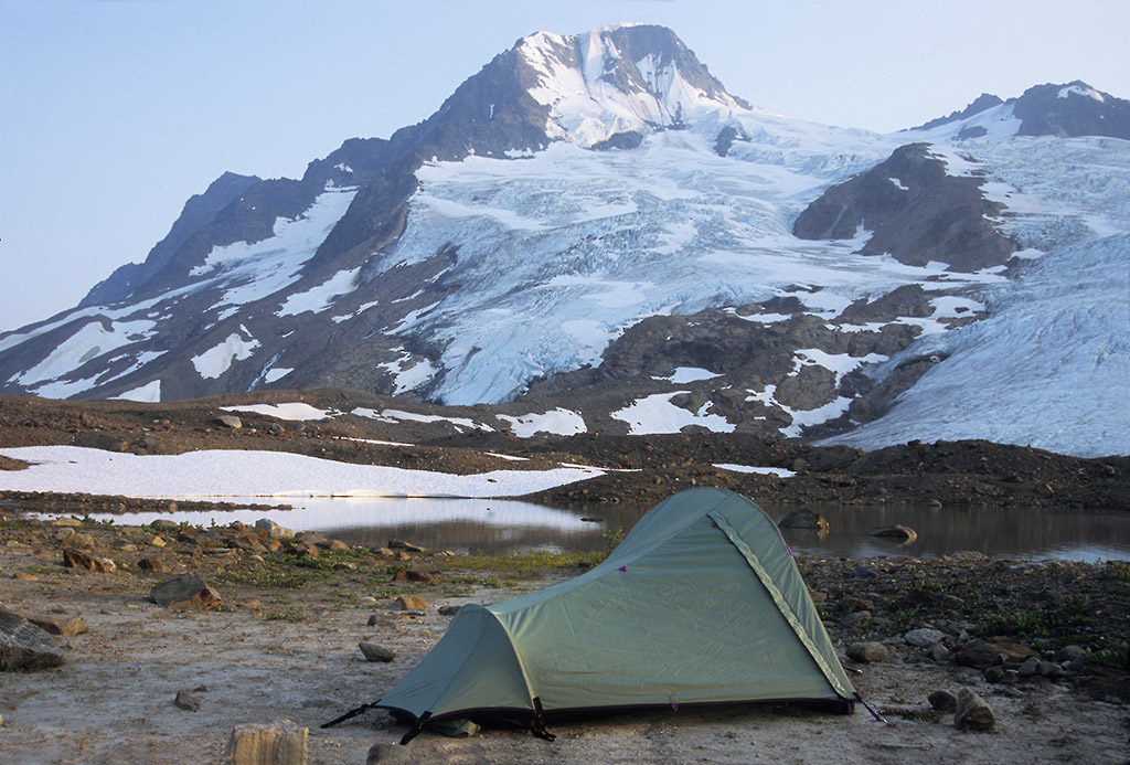 Guided Alaska camping trip in Wrangell-St. Elias National Park Campsite near Iceberg Lake.