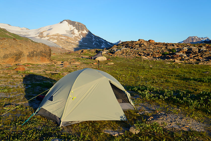 Backpacking camping gear and equipment in Wrangell-St. Elias National Park, Alaska.