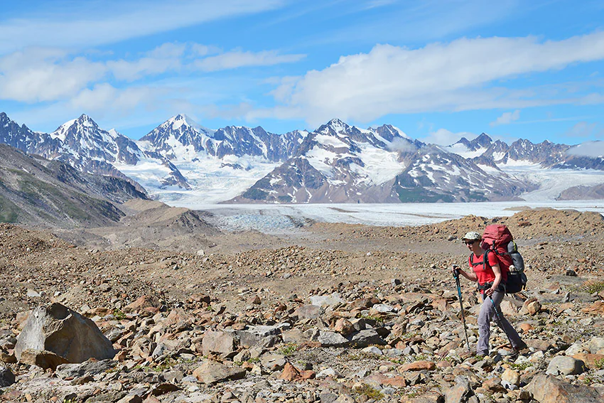 Backpacker near Iceberg lake, Wrangell-St. Elias National Park, Alaska.