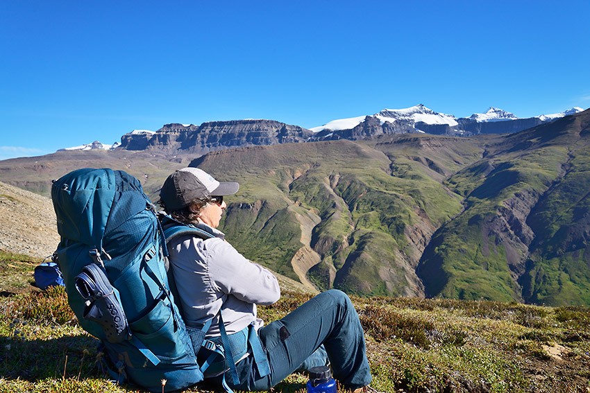 Backpacker on Goat Trail, Wrangell-St. Elias National Park, Alaska.