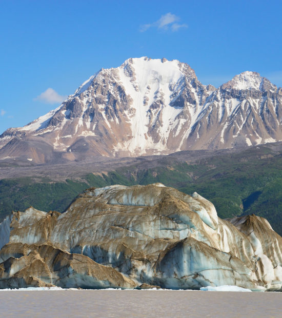 Nizina Lake icebergs and mountain, Wrangell-St. Elias National Park, Alaska.