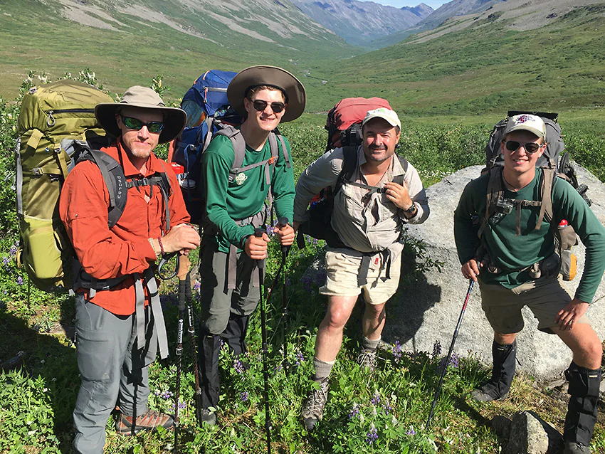Backpackers on Seven Pass Route, Wrangell-St. Elias National Park, Alaska.