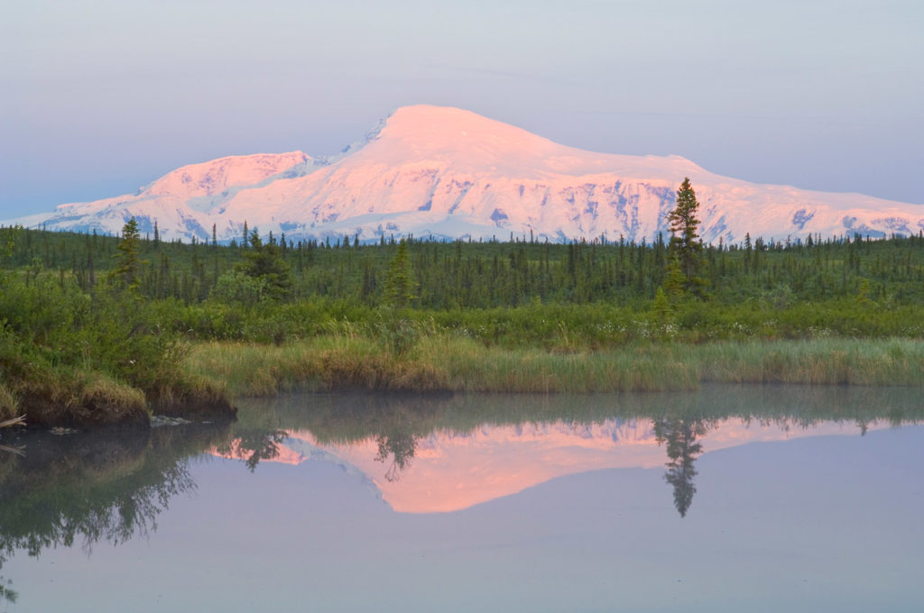 Hiking trip Mount Sanford alpenglow at dawn Wrangell-St. Elias National Park, Alaska.