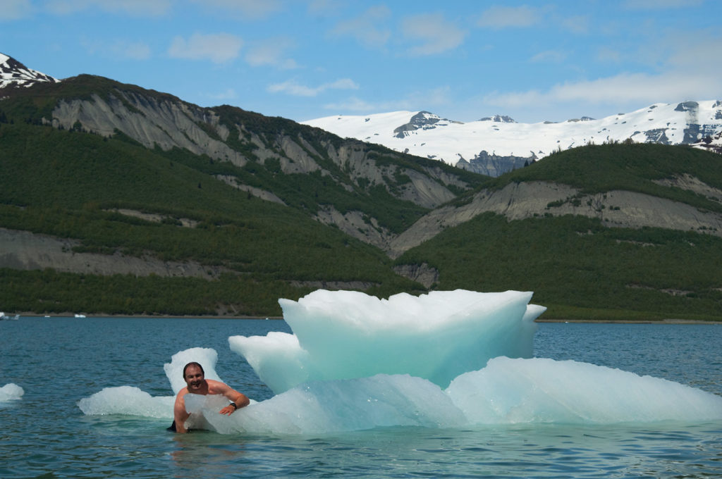 Guided Icy bay Sea Kayaking trips Swimming with icebergs in Icy Bay sea kayaking trip, Wrangell-St. Elias National Park, Alaska.