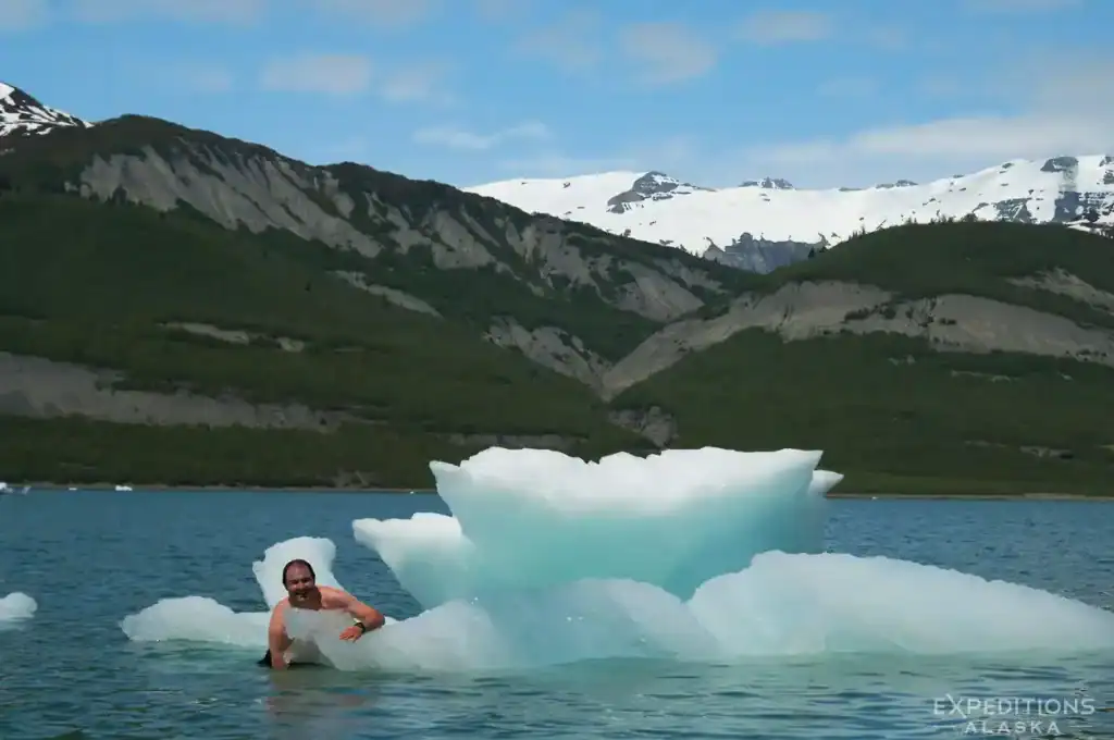 Guided Icy bay Sea Kayaking trips Swimming with icebergs in Icy Bay sea kayaking trip, Wrangell-St. Elias National Park, Alaska.