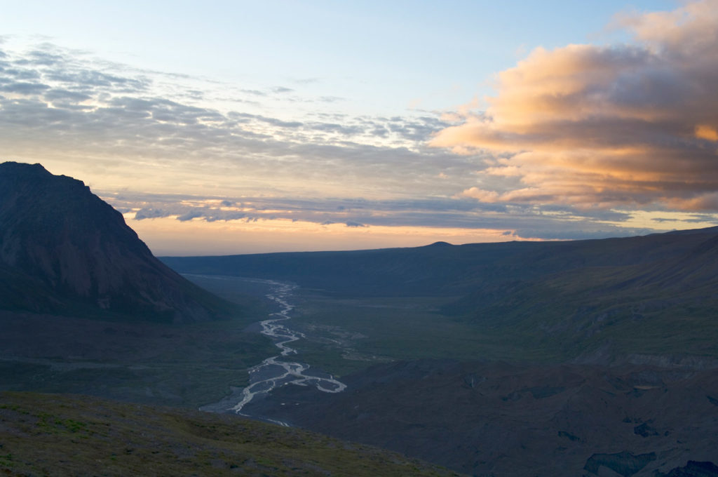 Sanford Plateau backpacking trip view down Sanford river, Wrangell-St. Elias National Park, Alaska.