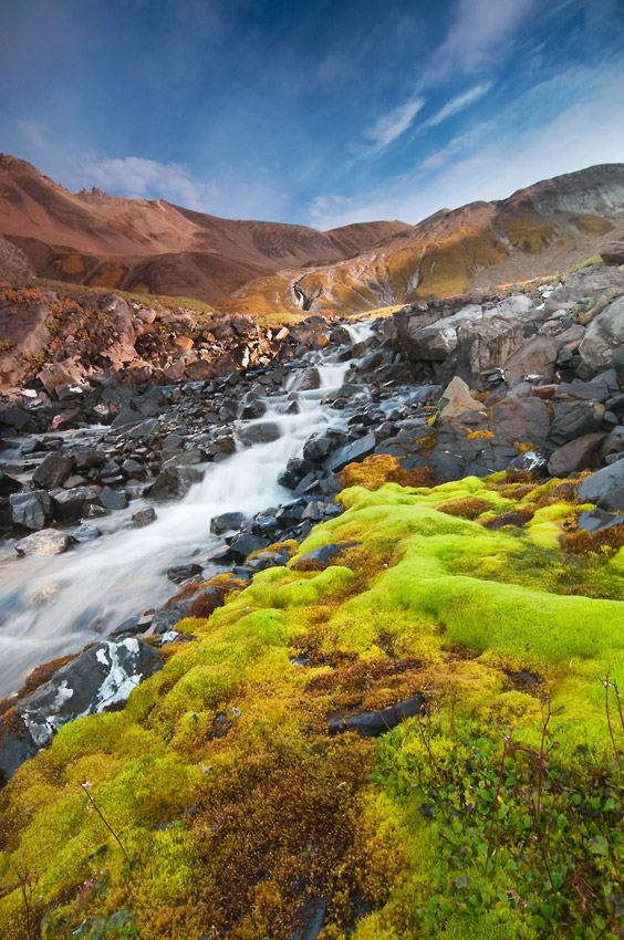 Alpine country waterfall, Hidden Creek, Wrangell-St. Elias National Park, Alaska.