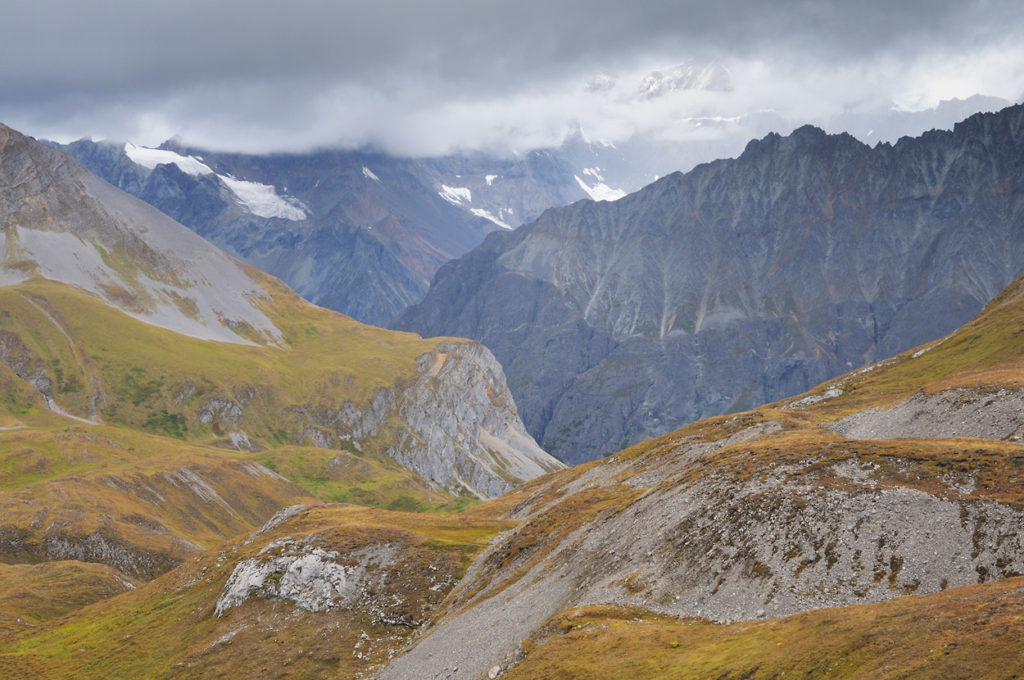 High above Lakina River, Wrangell-St. Elias National Park backpacking trip up Hidden Creek, Alaska.