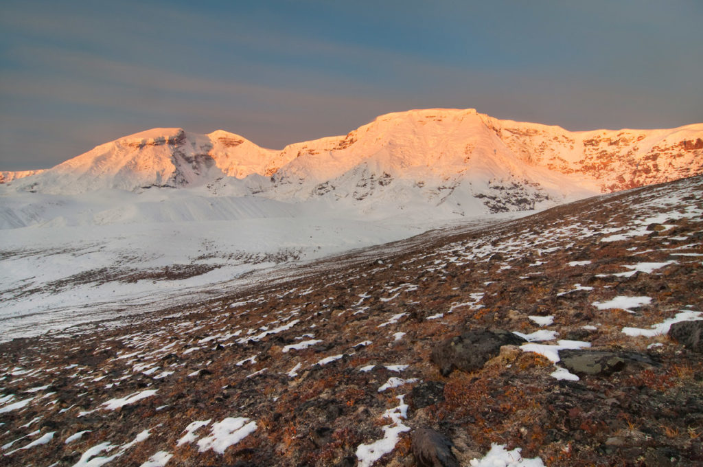 Mount Jarvis and fresh snow in Wrangell - St Elias National Park backpacking trips, Alaska.