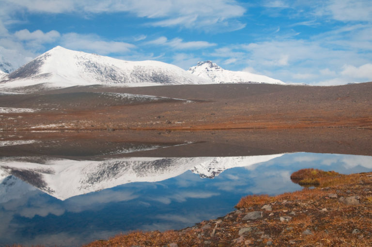 Wrangell Mountains on Jaris Plateau backpacking trip in Wrangell-St. Elias National Park, Alaska.