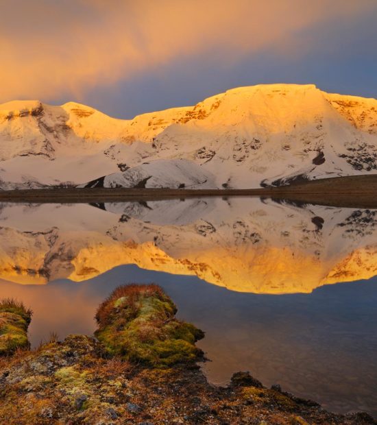 Alaska hiking tours Mt Jarvis at sunrise, from the Jarvis plateau, Wrangell-St. Elias National Park, Alaska.