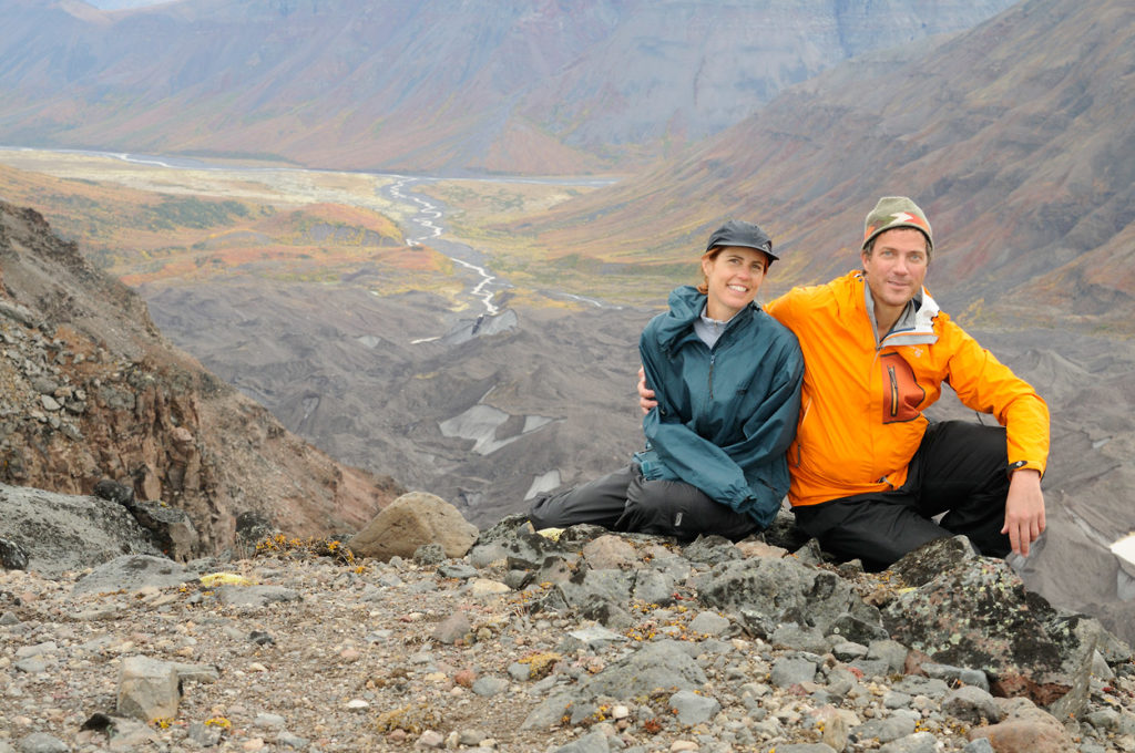 Alaska backpacking trips Hikers on Jarvis Plateau above Jackson River, Wrangell-St. Elias National Park backpacking trip, Alaska.