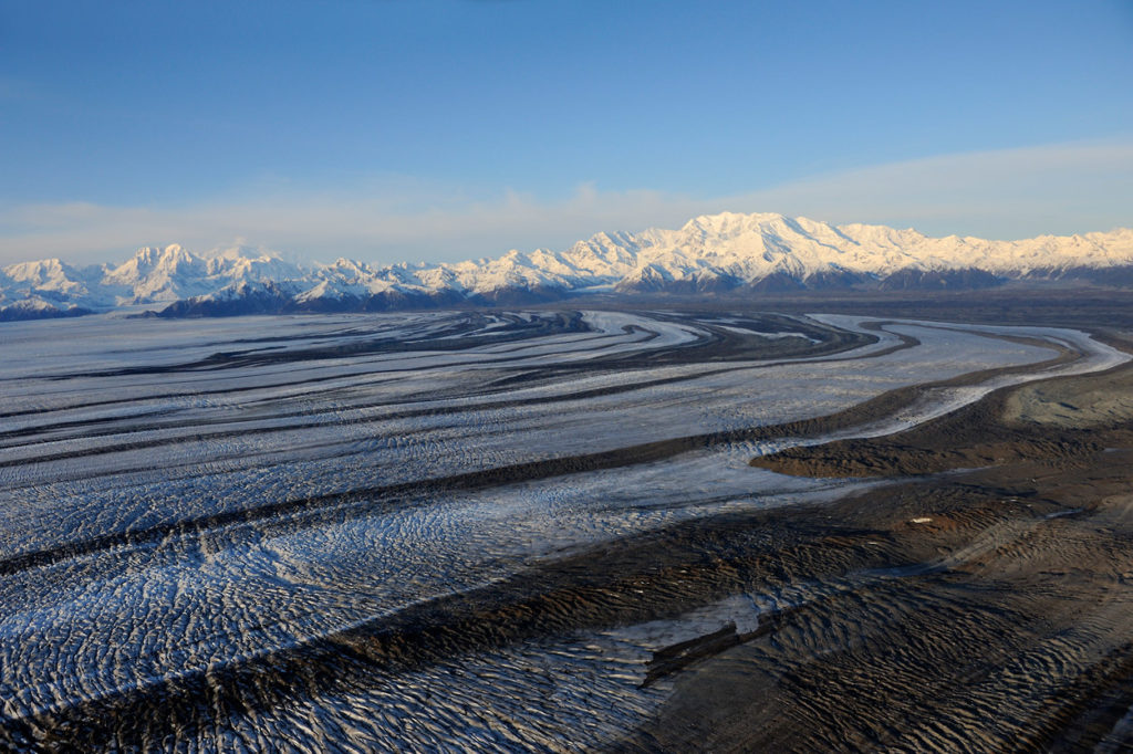 Malaspina Glacier backpacking trip from the air and St. Elias Mountains. Malaspina Glacier backpacking trip, Wrangell-St. Elias National Park, Alaska,