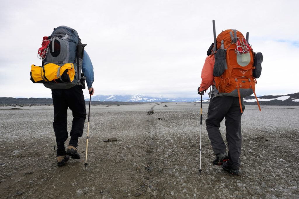 Backpacking over Malaspina Glacier on Wrangell-St. Elias National Park backpacking trip, Alaska.