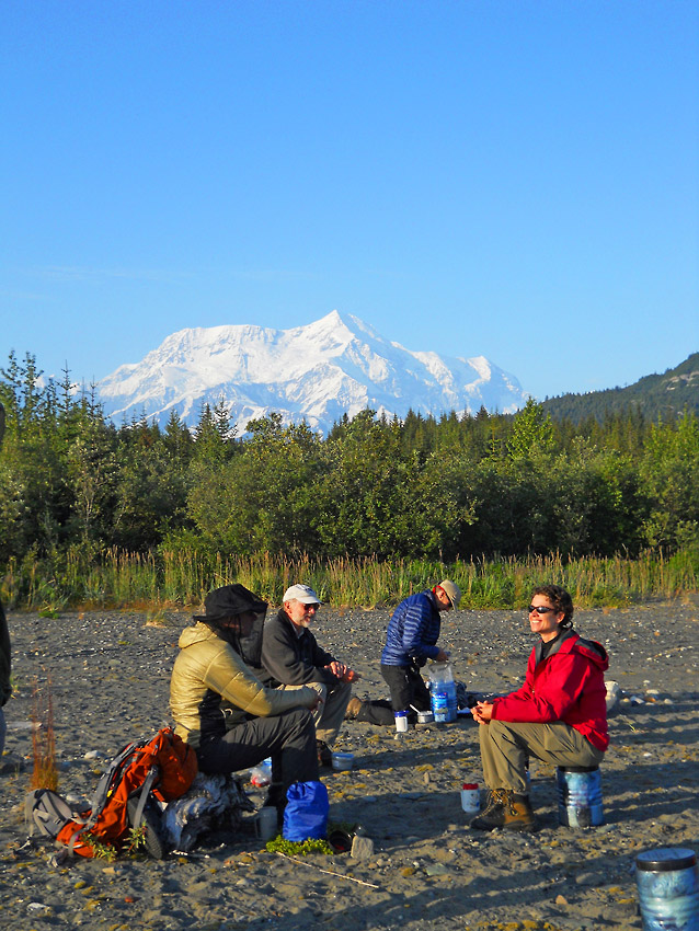 Malaspina Glacier backpacking trip Breakfast camp at Icy Bay with Mt. St. Elias on Malaspina Glacier backpacking trip, Wrangell-St. Elias National Park, Alaska.