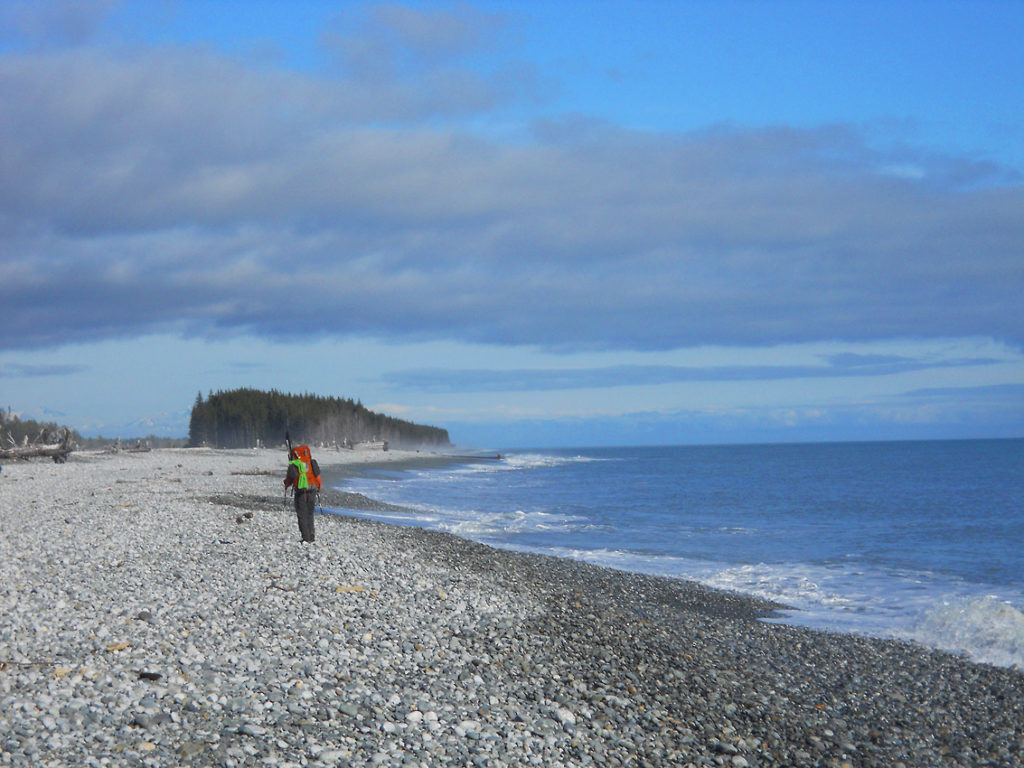 Backpacking Lost Coast shoreline, Malaspina Glacier backpacking trip, Wrangell-St. Elias National Park, Alaska.